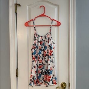 Floral Print Tank Top - White with Red and Blue Accents